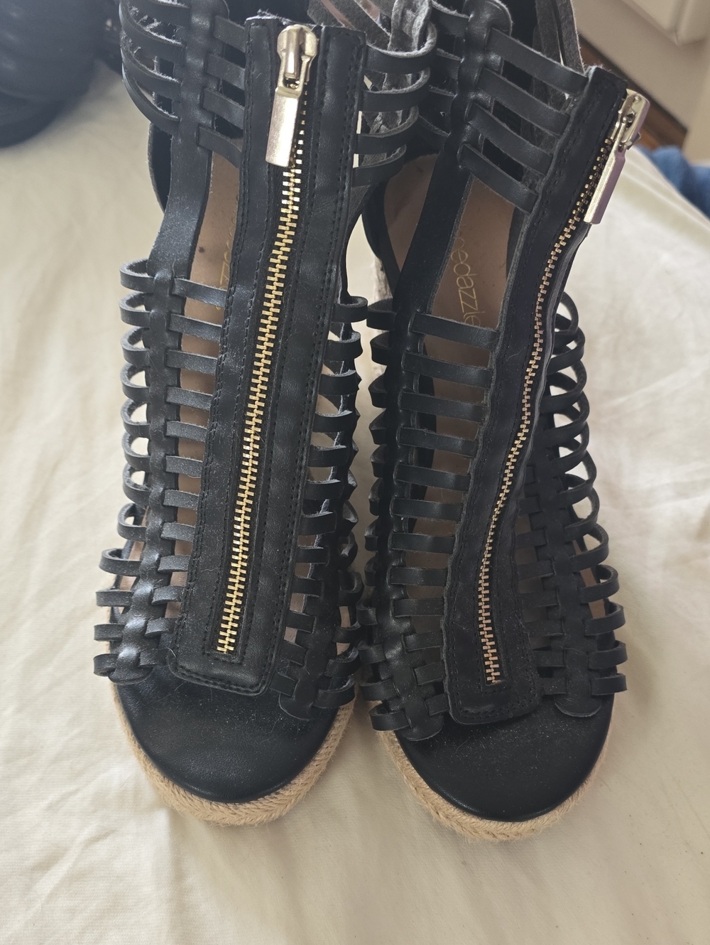 Shoe Dazzle Black Woven Front-Zip Rope Wedge Sandals